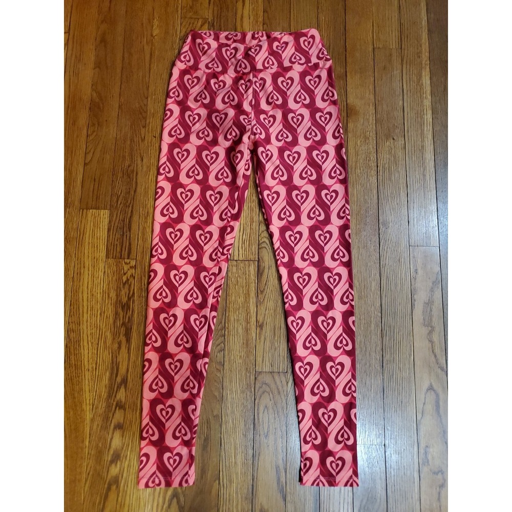 LuLaRoe Womens Heart Print Leggings Pink Red One Size OS Valentines Day Festive